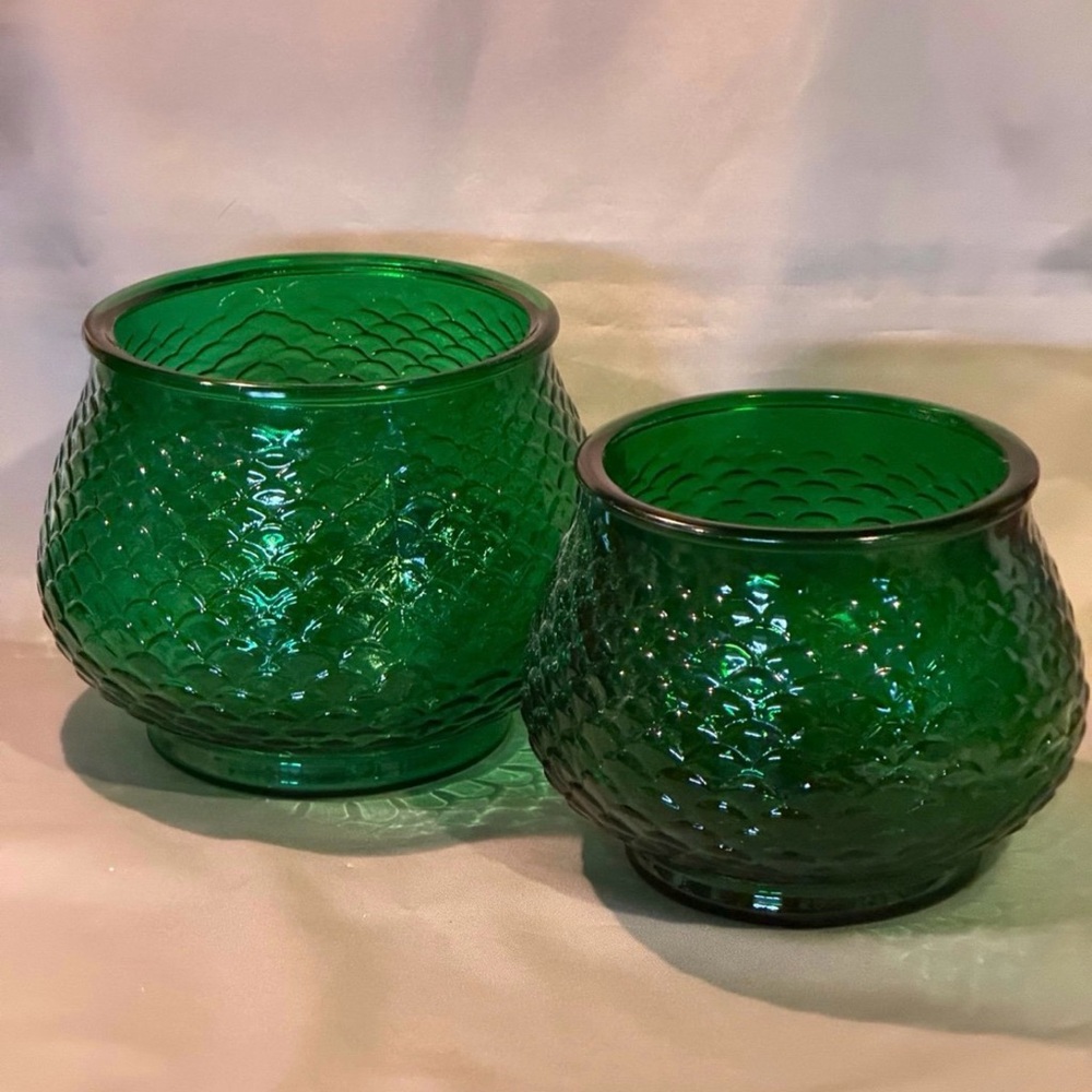 Vintage E.O. Brody USA Emerald Green Glass Fish Scale Pot Planter Bowls Set of 2